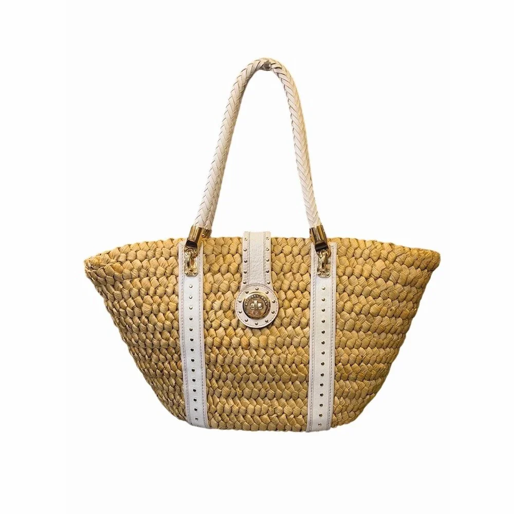 Michael Kors Santorini Straw Tote With Leather White Handles And Gold Hardware